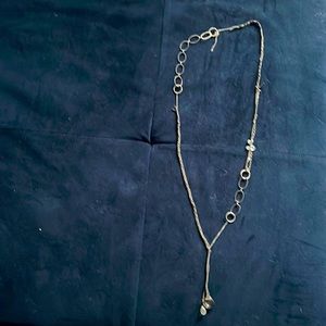 Silver, clear gem stone and grey leather inlay 39” long necklace